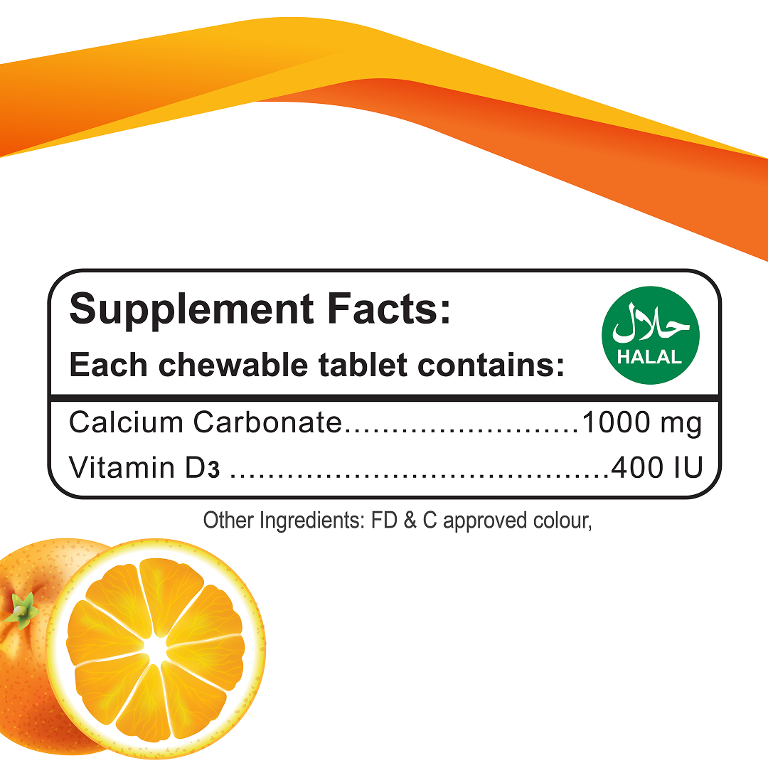 Supplement facts label for chewable tablets with calcium carbonate and vitamin D3, featuring halal logo and orange design elements.