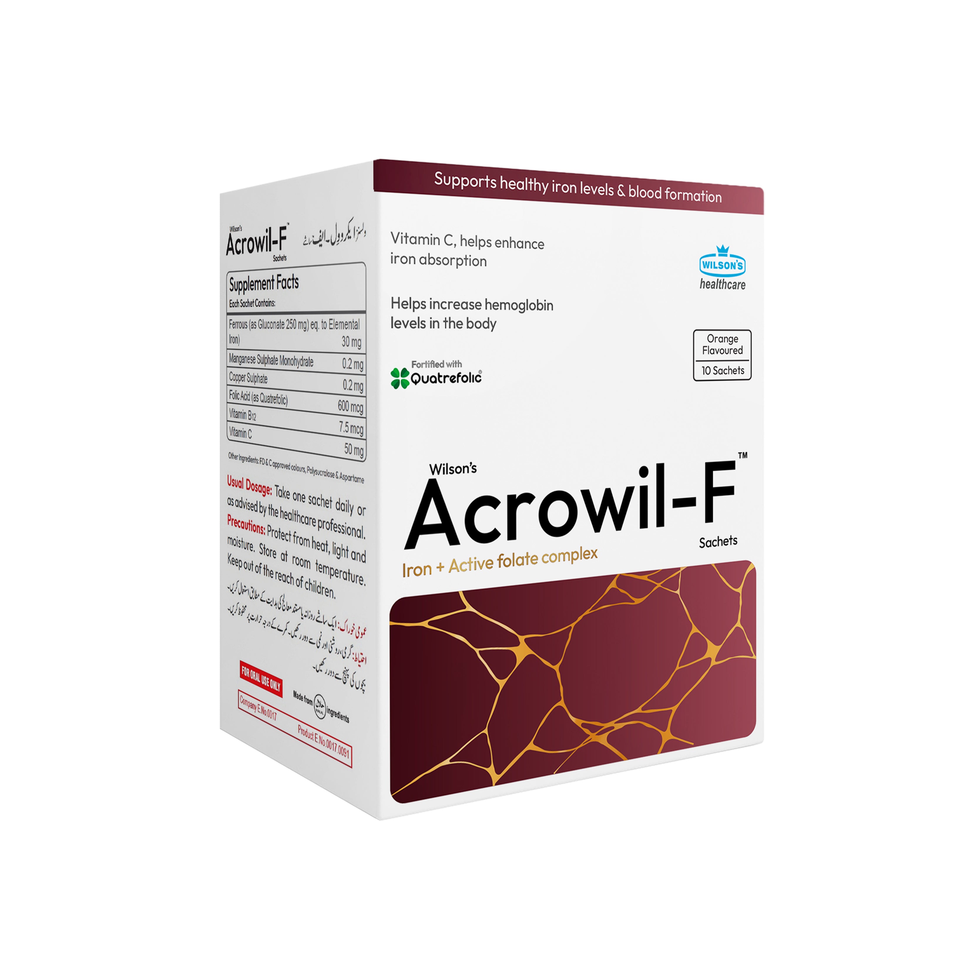 A box of Wilson's Acrowil-F Iron + Active Fibrate complex sachets, featuring a white box with a dark red and gold design on the front, set against a plain white background.