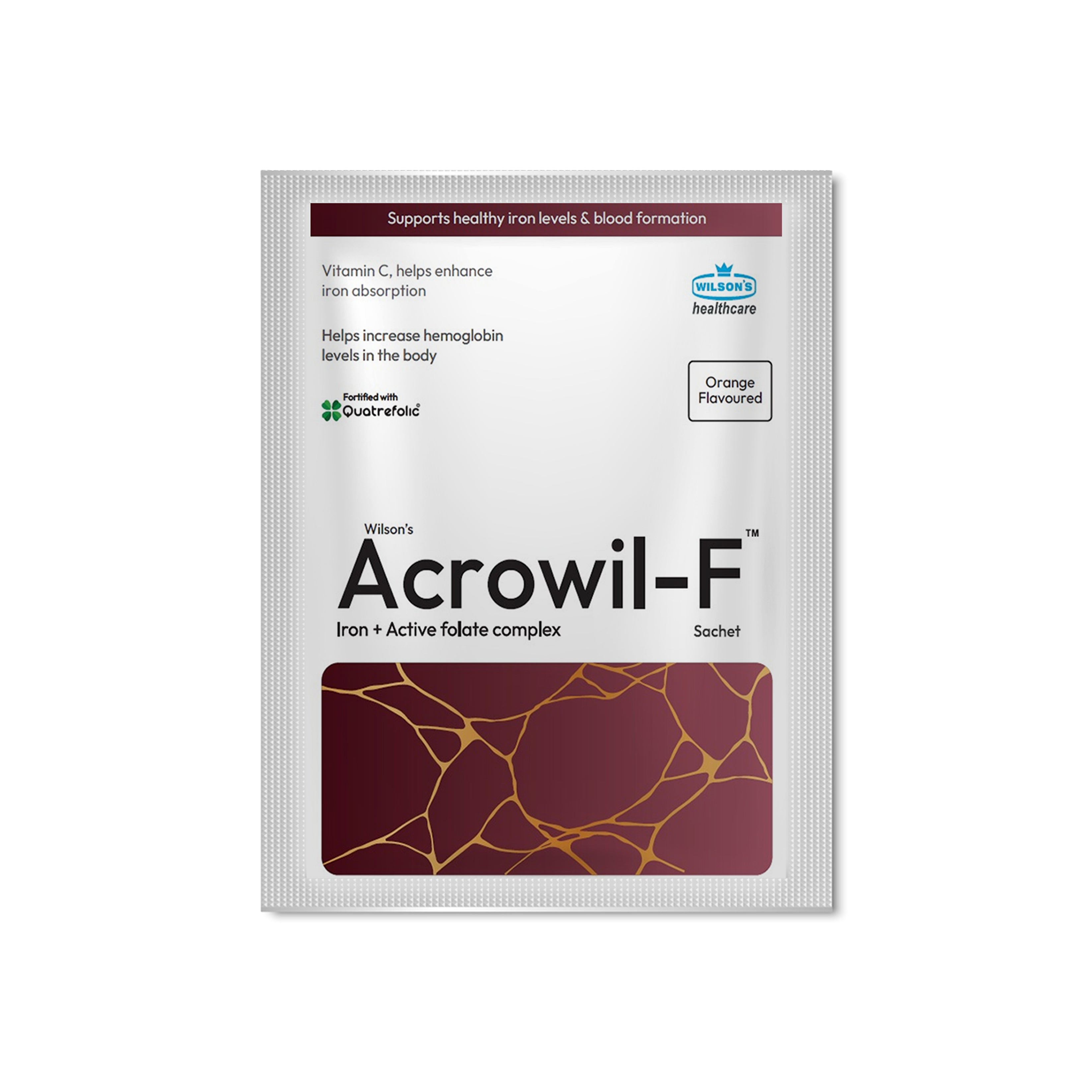 A box of Wilson's Acrowil-F Iron + Active Fibrate complex sachets, featuring a white box with a dark red and gold design on the front, set against a plain white background.