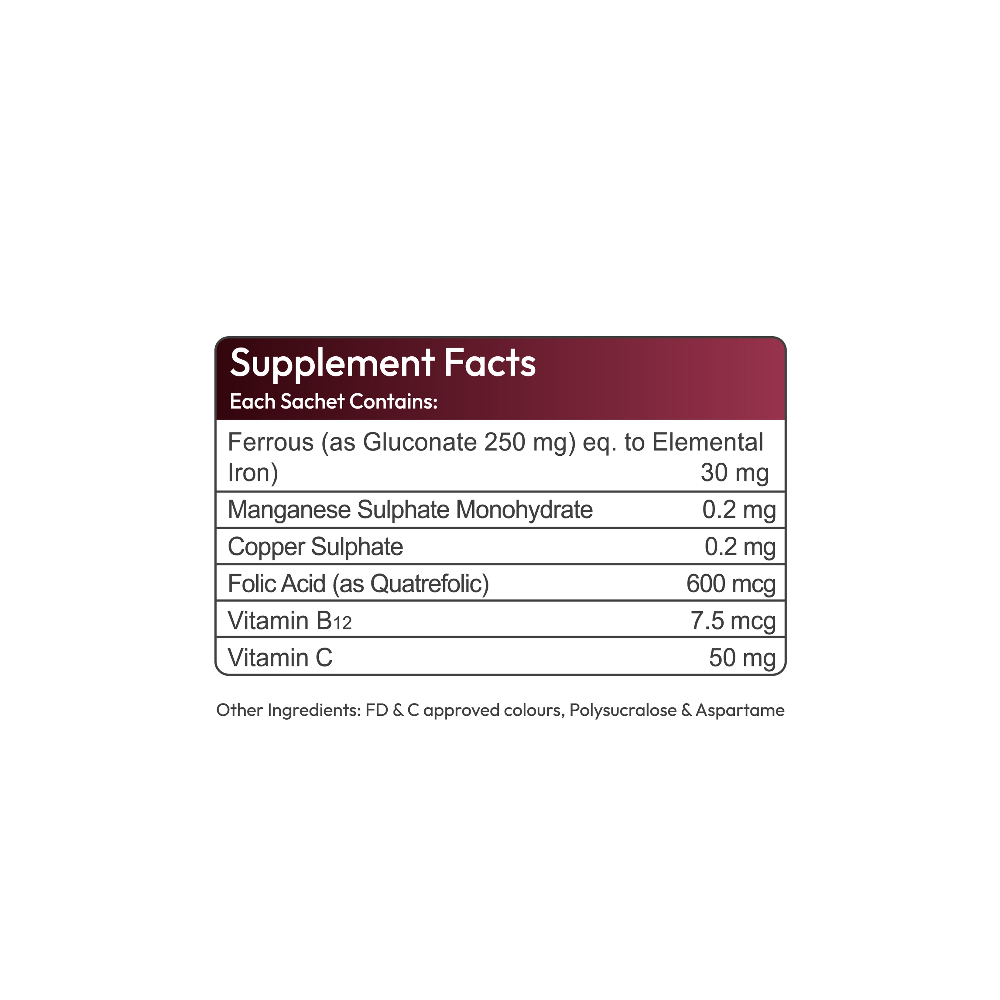 A supplement facts label with a dark red header reading 'Supplement Facts' and a table listing ingredients and dosages, on a plain white background.