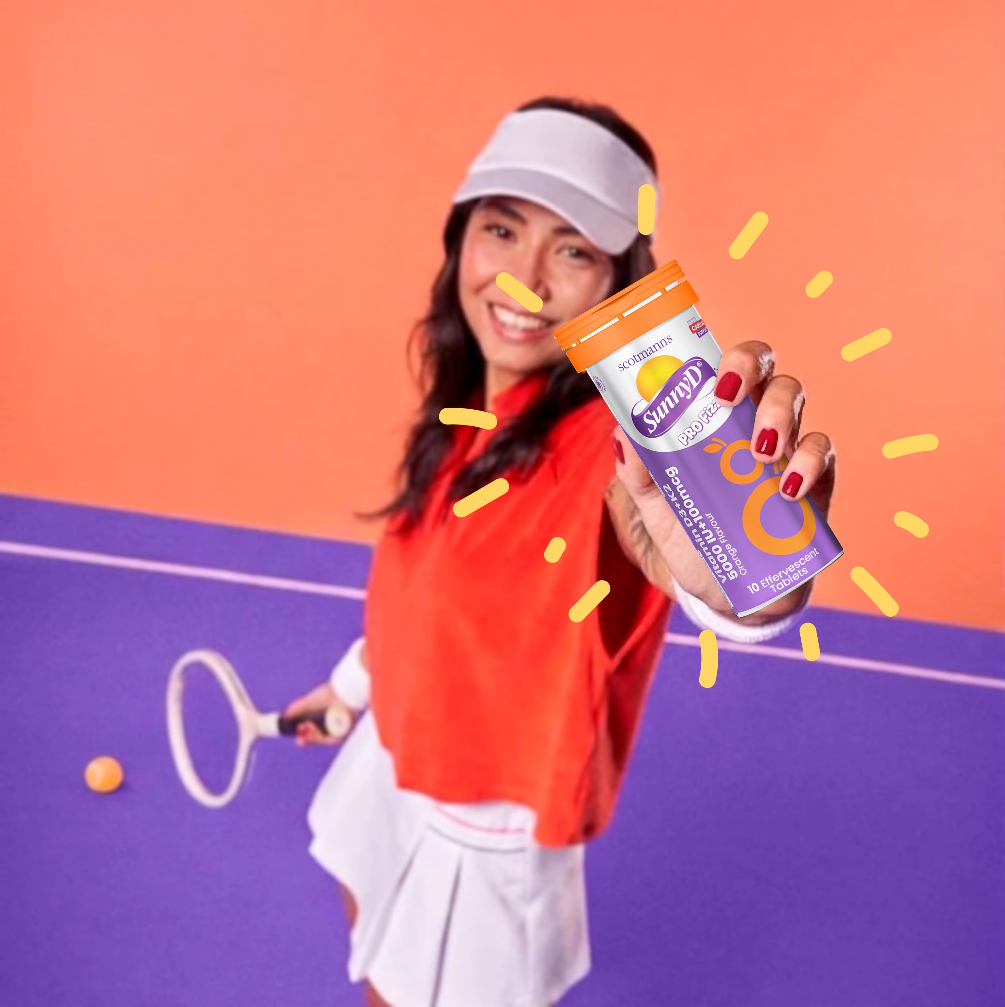 Two hands reaching towards a SunnyD drink container against a blue background