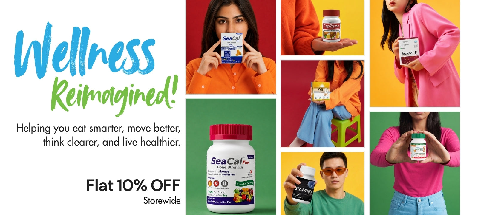 Promotional collage for Sea Calm wellness products with multiple people holding supplement bottles and boxes in bright studio settings. Large text reads 'Wellness Reimagined!' and 'Flat 10% Off Storewide.