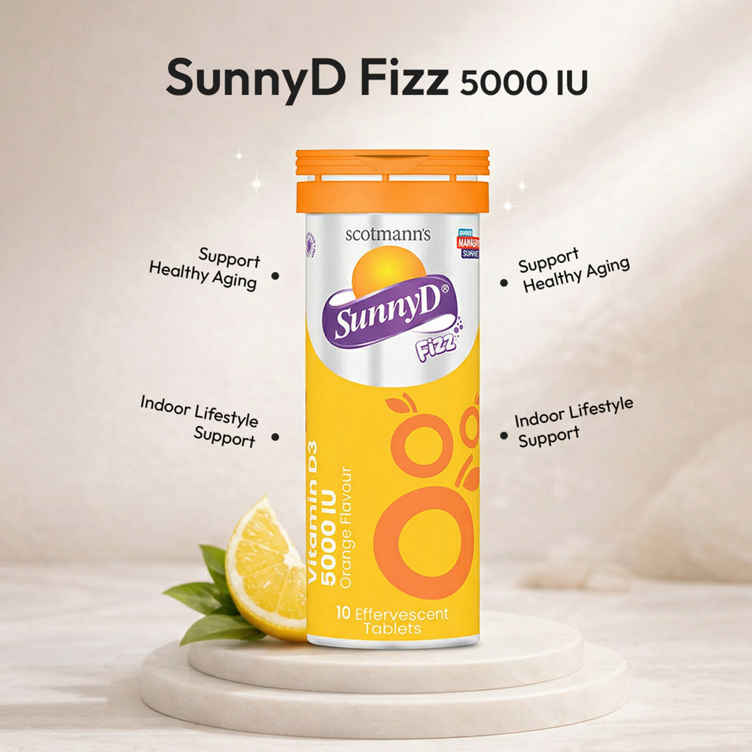 Scolemann's SunnyD vitamin supplement with orange slices on a white background